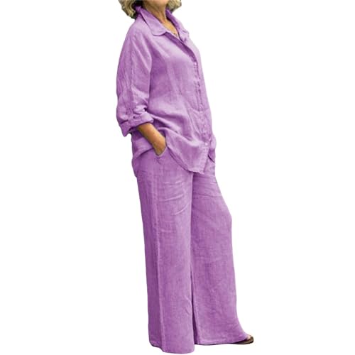 Linen Suits for Women Summer Two Piece Outfits Trouser Long Sleeve V Neck Top 2 Piece Suit Set Casual Trouser Suit