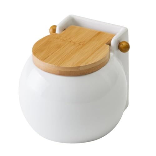 Salero cuadrado de cerámica con tapa de bambú 13 x 12 x 11 cm - Blanco