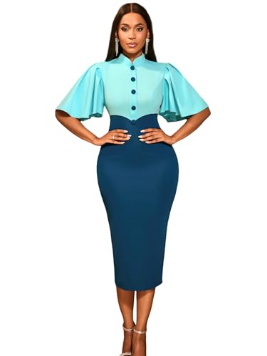 AOMEI Women's Button Up Short Ruffled Sleeve Midi Colorblock Dresses Formal Work Bodycon Pencil Dresses