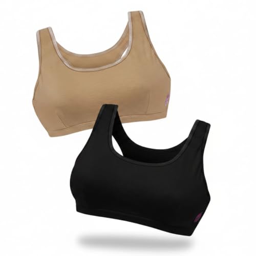 Image of DChica Essentials Sports Bra for Girls (Pack of 2) Cotton Non-Padded Full Coverage Beginners Non-Wired T-Shirt Gym Yoga Workout Bra with Regular Broad Strap, Training Bra for Teenagers