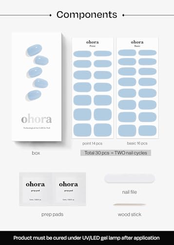 Image of ohora Semi Cured Gel Nail Strips (N Cream Sky) - Blue, Solid, Works with Any UV /LED Lamps, Salon-Quality, Long Lasting, Easy to Apply & Remove - Includes 2 Prep Pads, Nail File & Wooden Stick
