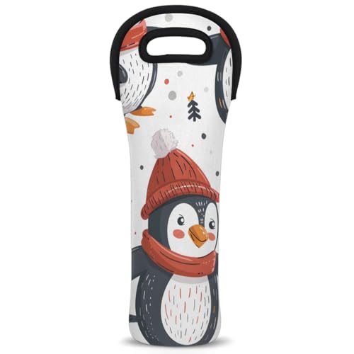 Neoprene Wine Tote Carrier Bag for Wine,Water, Champagne, Beer, Baby Bottles 15.6 x 5.1 Inches, Protective Wine Bag,Penguin Winter