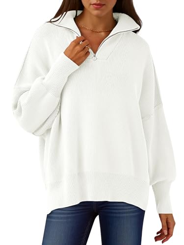 ANRABESS Women's Oversized Fashion Long Sleeve Quarter Zip Baggy Loose Slouchy Sweater Pullover Tops 2025 Fall Outfits White Medium
