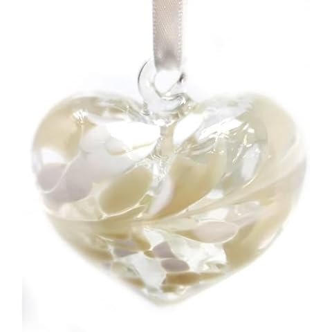 White Blown Glass Heart Ornament - April Birthstone Small 3 inch Handmade Hanging Heart Home Décor Cover