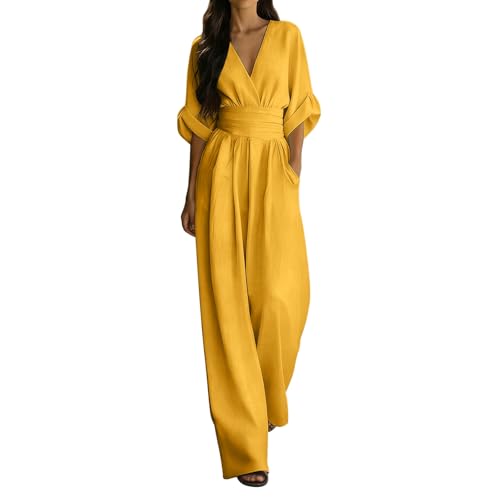 Mono de verano para mujer, elegante, festivo, largo y entallado, traje de pantalón para invitados de boda, pierna ancha, mameluco suave, a la moda, cómodo, media manga con bolsillo, traje de negocios