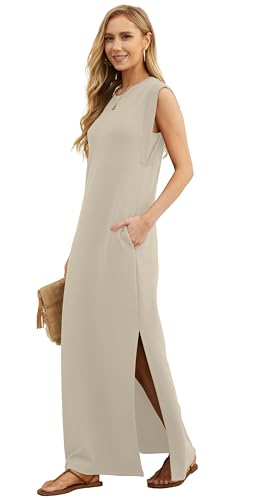 Image of GRECERELLE 2026 Women Year-Round Casual Round Neck Loose Split Wrinkle-Free Long Maxi Vacation Dress with Pockets (XXS-4XL)