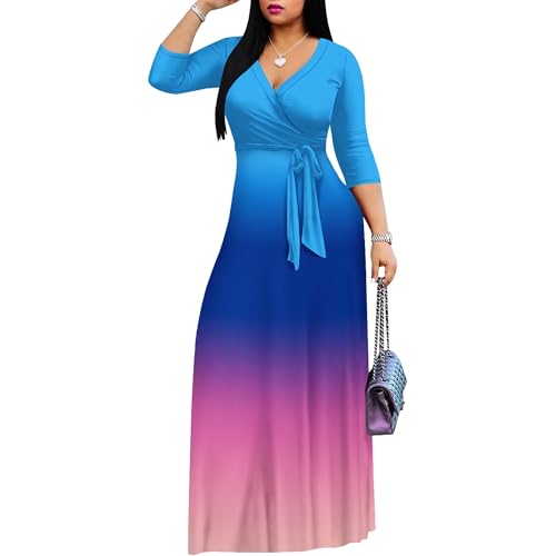 Image of PinkPatty Women's Plus Size Maxi Dress Casual 3 /4 Sleeve Dress with Belt | Soft stretch feel, printed style, flowy A-line fit, v neck, waist tie, side pockets, for vacation, party and daily wear