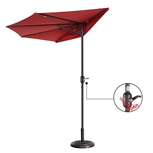 Image of Half Patio Umbrella - 9ft Outdoor Patio Canopy with Easy Hand Crank - Condo, Townhouse, or Balcony Furniture by Villacera (Red)