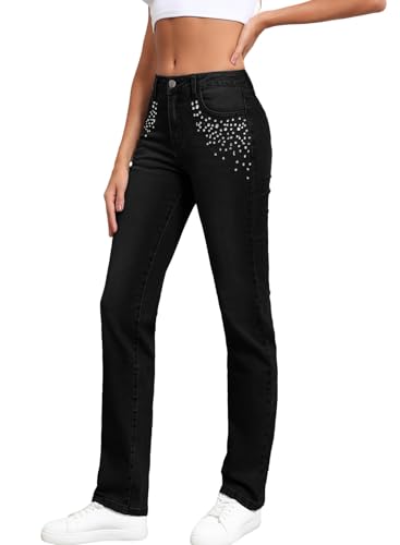 Sidefeel Women's Straight Leg Jeans High Waisted Stretchy Rhinestone Wide Leg Denim Pants3
