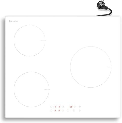 Karinear Placa Inducción 3 Fuegos con Enchufe, Función Boost, Integrada 3 Zonas 60 cm, Manejo Táctil, 9 Niveles de Potencia, Bloqueo de Seguridad, Temporizador, 220V~240V, 3500 W, Induccion Blanca