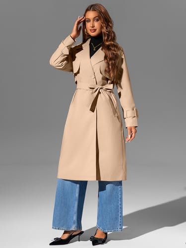 Image of Bellivera Women's Classic Long Windproof Trench Coat With Belted Waist | Notch Lapel Collar,Breasted Button Front,Adjustable Cuff Straps,Side Slant Pockets,Spring Fall Daily Commute Office Wear