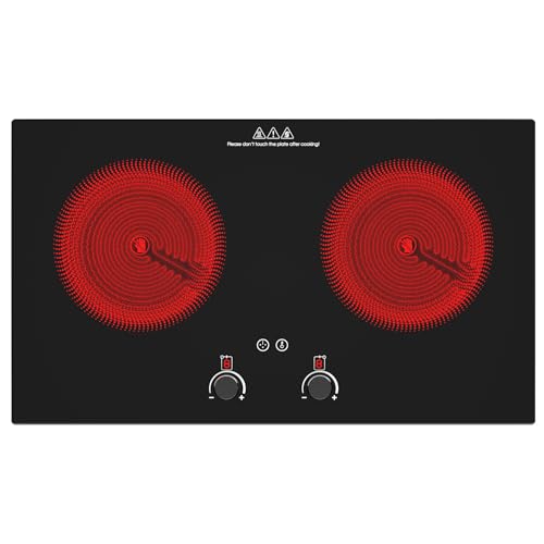 VBGK Electric Hob 3520W 2 ring ceramic hob Countertop and Built-in Hot Plate with Child Safety Lock Timer LED touch Knob Control Overheat Protection 220V Electric Hob 2 Burner