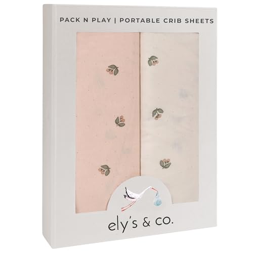Image of Ely’s & Co. Pack and Play Sheets, for Mini/Portable Crib, 2 Pack Fitted Playpen Play Yard Sheet Set Compatible with Graco Pack n Play, for Baby Girls, 100% Cotton, Pink Vintage Floral, 38”x24”x5”