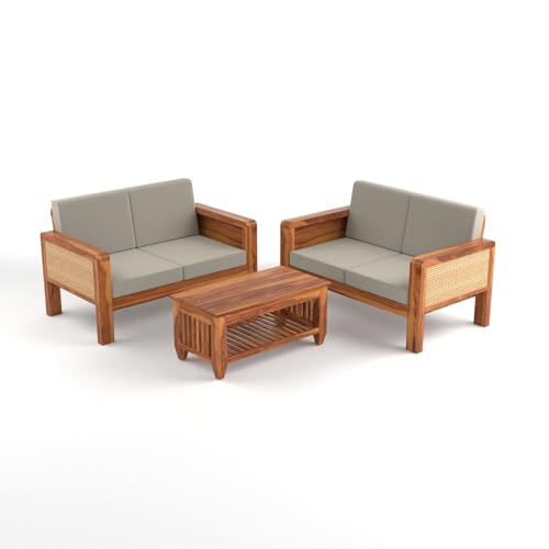 Image of Sheesham Wooden 4 Seater Sofa for Living Room | Solid Wood Sofa with Cane Side Panel | Rosewood Sofa Set for Home & Office | Lounge (Honey Finish, 4 Seater)