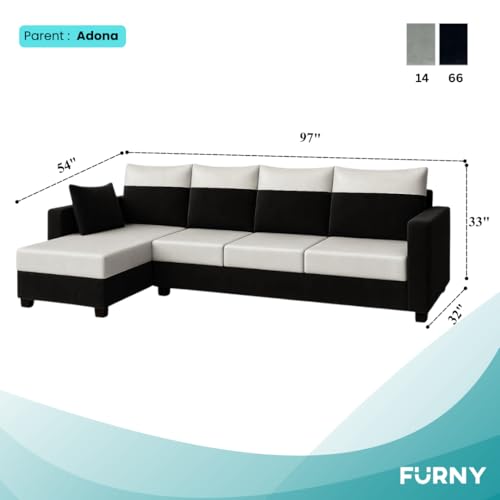 Image of FURNY Arissa 5 Seater Fabric LHS L Shape Sofa Set with Extra Cushions (Light Grey-Black) Premium Velvet Finish| Durable Comfort Ideal for Living Room