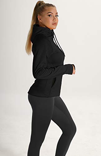 icyzone Damen Sportjacke Laufjacke voll Zip Trainingsjacke mit Kapuze, Fitness Hoodie Langarm Shirt im Winter (L, Schwarz)