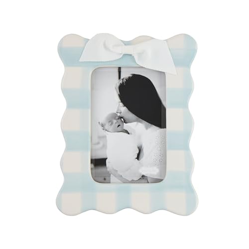 Mud Pie Blue Bow Picture Frame for 4 x 6 Photo, Gingham Ceramic Baby Frame