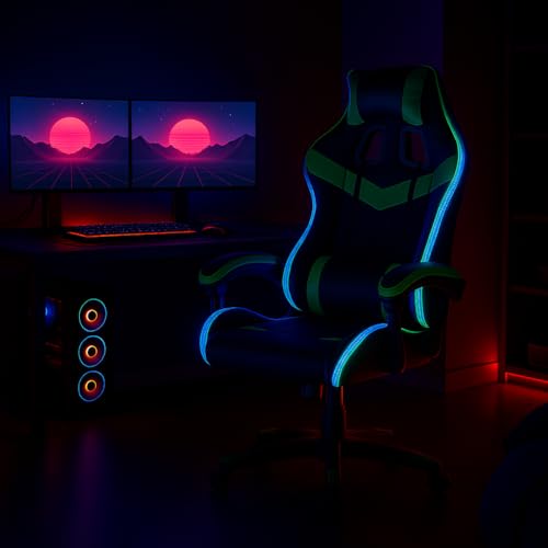 Sedia Poltrona Gaming Scrivana Ufficio Casa in Ecopelle Schienale Reclinabile Cuscino Lombare Poggiatesta Rotazione 360 Gradi Direzionale Altezza Regolabile 5 Ruote (Verde con Led) - Sedia gaming - Immagine 1