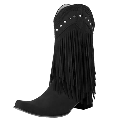 Image of KiutSymo Mid Calf Fringe Boots For Women Cowboy Pointed Toe Chunky Heels Cowgirl Western Tassel Boots