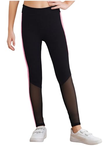 YEAHDOR Girls Yoga Pants Sheer Mesh Patchwork Gymnastics Figure Skating Sport Leggings Gym Training Tights