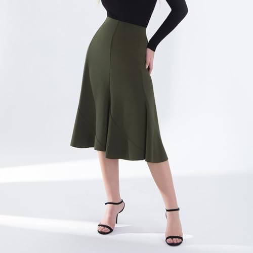 Women's A-Line High Waist Flare Work Midi Knee Length Stretchy Skirt Elegant Flared Skirt for Office and Casual4