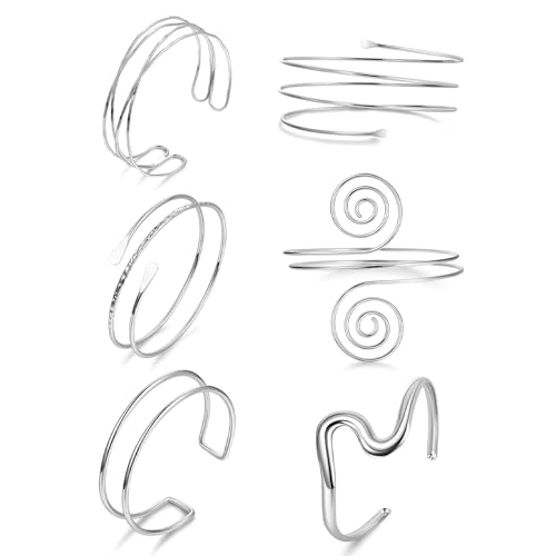 CharmBurst 6 Stück Silberne Armreifen für Damen, Verstellbare Oberarmreifen, Offene Bangle-Armbänder, Spirale Armreifen Set, Boho-Armbänder, Armreif Oberarm