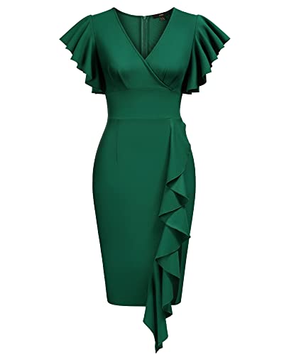 image for Knitee Women's Deep-V Neck Ruffle Sleeves Cocktail Party Pencil Slit F