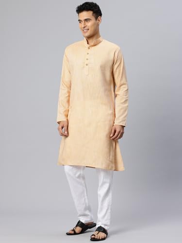 Image of Majestic Man Men's Cotton Regular Fit Traditional Mandarin Collar Ethnic Motifs Solid Long Kurta