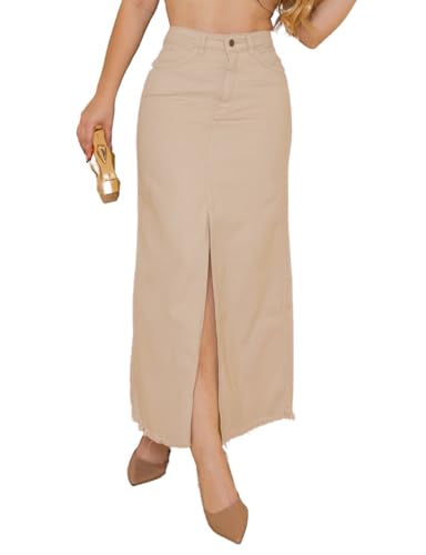 Saia jeans longa com Fenda com Cinto Moda Blogueira (BR, Numérico, 48, Regular, Regular, Bege)