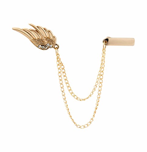 Knighthood Men's Inspired Swarovski Angel Wings with Hanging Chain Lapel Pin/Brooch Golden