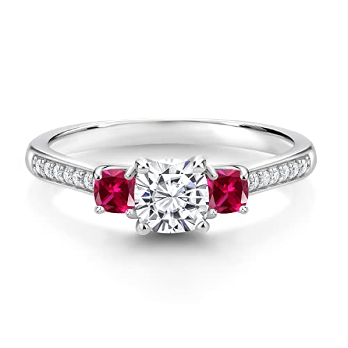 Gem Stone King 1.00 Cttw White Moissanite and Red Created Ruby Ring For Women | 925 Sterling Silver | 5MM and 3MM Cushion | 3 Stone Wedding Engagement Anniversary Promise Ring3