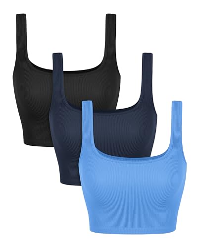 Image of ODODOS 3-Pack Seamless Square Neck Crop Tank for Women Ribbed Knit Soft Low Back Cropped Tops