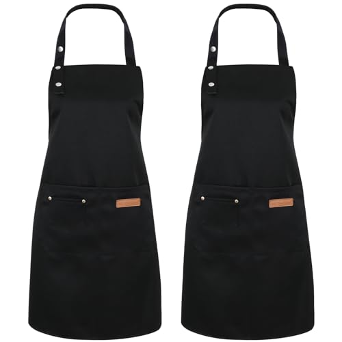 Livdouyu 2 Stück Schürze für Damen und Herren, Wasserdicht Koch Schürze mit 2 groß Taschen, Verstellbare Küchenschürze Grillschürze Arbeitsschürzen für Kochen Malen Backen Hausarbeiten (Schwarz)