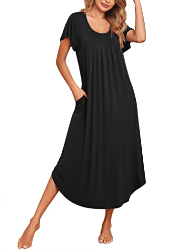 Image of Ekouaer Long Nightgowns for Women with Pockets Short Sleeves Moo Moos for Women Casual Maxi Dress House Dresses S-XXXL