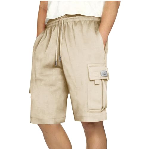Men's Vintage Flag Independence Day Multi-Pocket Print Cargo Shorts, Casual Summer Hiking Pants Elastic Short (M, Beige)