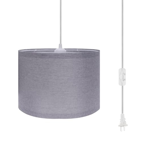 Filltown Hanging Lamp Plug in Pendant Light, 15Ft Hanging Lights with Plug in Cord, On/Off Switch, Linen Shade, E26/E27 Bulb Socket Hanging Lamp for Living Room, Bedroom, Dining Room, Kitchen, Gray
