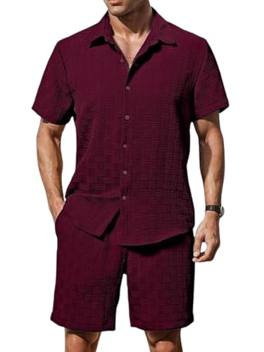 Image of GRECIILOOKS Men'S Summer Casual Two Piece Outfit, Textured Button Down Shirt and Shorts Set, Lightweight Poly Blend Co-Ord for Beach, Travel & Lounge Wear