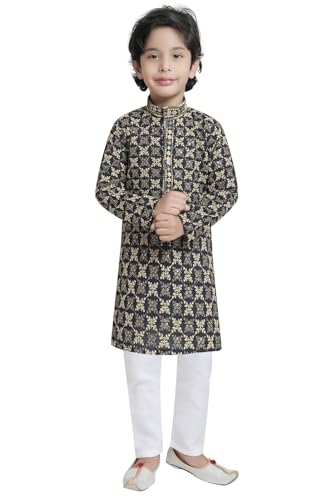 Image of TinySteps Boys' Ethnic Wear - Cotton Lakhnavi Chikan Kurta with Golden Sequence Work and Elastic Waist White Cotton Pajama - Festive & Wedding Outfit