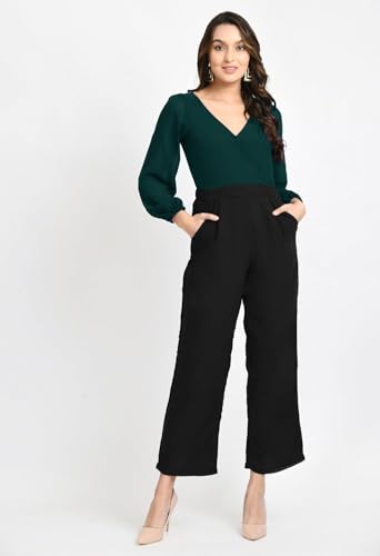 Image of V&M Women's Black V-Neck Jumpsuit | Full Sleeve Straight-Leg One-Piece with Side Pockets | Elegant Western for Office, Party & Evening Outfits