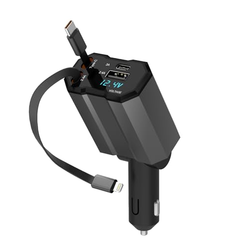 HENLSON 4-i-1 infällbar billaddare, [80 cm dubbla kablar]66 W USB-cigarettändare snabbladdaradapter billaddare USB C cigarettändare kompatibel med iPhone Galaxy/iPad