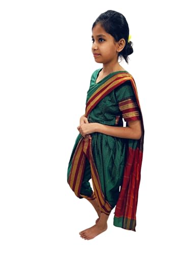 Image of BookMyCostume Traditional Marathi Dress for Girls|Dark Green Nauvari Saree for Kids with Blouse|Fisherwoman Costume for Kids|Indian Cultural State Dress| 7-8 Years