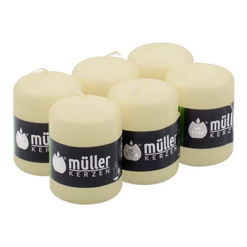 Müller - Velas cilíndricas, color marfil, paquete de 6 velas, 57 x 81 mm, larga duración de 15 horas, cera antigoteo, inodoro, calidad RAL