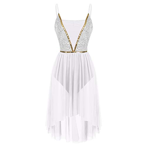 Odasdo Women Lyrical Dance Dress Adult Modern Contemporary Ballroom Ballet Dancewear Shiny Sequins Spaghetti Strap Asymmetric High Low Mesh Tulle Flowy Skirt Tank Bodysuit White Xl #TOP1