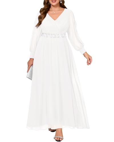 Pinup Fashion Formelles Damenkleid, Übergröße, Abendkleid, langärmelig, Chiffon, Perlenstickerei, Maxikleid, Weiß (1), 50...