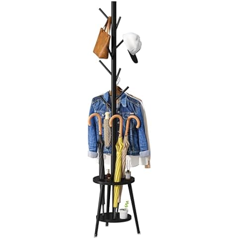 Coat Rack, Bamboo Wood Coat Freestanding with Umbrella Holder, Adjustable Height Coat Stand with 8 Hooks, kids coat rack, Used In The Bedroom Living Room, Office To Hang Clothes, Hats, Bags (Black) Cover