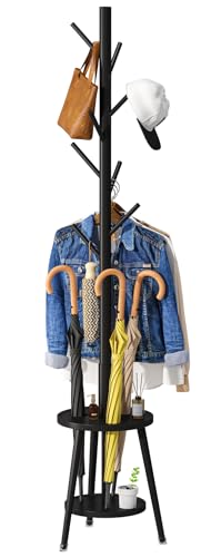 Coat Rack, Bamboo Wood Coat Freestanding with Umbrella Holder, Adjustable Height Coat Stand with 8 Hooks, kids coat rack, Used In The Bedroom Living Room, Office To Hang Clothes, Hats, Bags (Black)