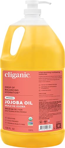 Cliganic Organic Jojoba Oil, 100% Pure Cold Pressed for Face &amp; Hair, 128oz