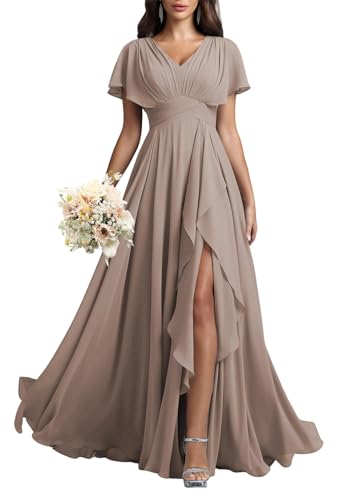 HPPEE Robe de demoiselle d'honneur en mousseline de soie plissée à col en V pour femme, taupe, 52 Grande taille