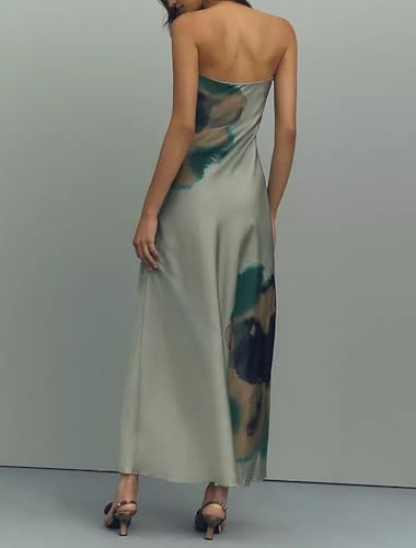 Image of Zwirelz Women Strapless Maxi Dress Boho Floral Print Flowy Long Tube Dress Off Shoulder Loose Beach Sundress (US, Alpha, X-Large, Regular, Regular, Silver Green)
