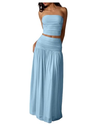 Verdusa Womens 2 Piece Sets Summer Skirt Set Brunch Vacation Outfits Ruched Strapless Bandeau Top with Maxi Skirt Blue Medium